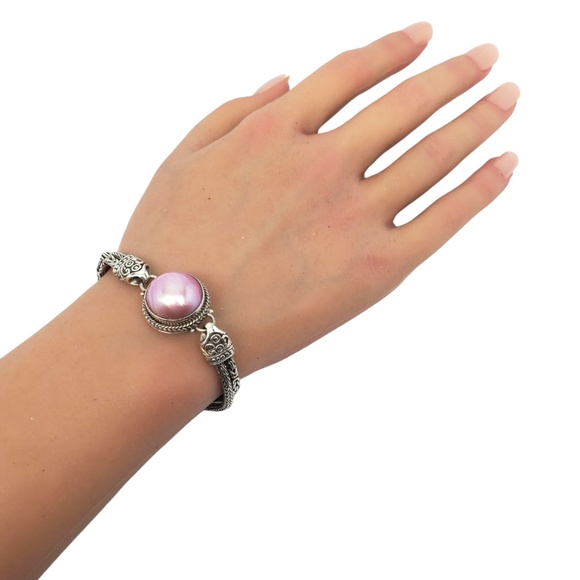 Sterling Silver Pink Mabe Pearl Chain Bracelet #21169 - Picture 7 of 10